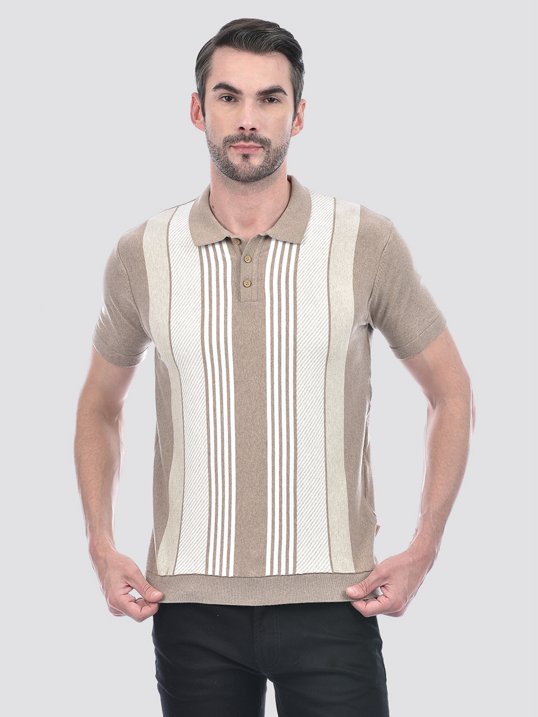 Numero Uno Men Beige Striped Polo T-Shirt